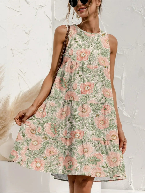FAM - FAM Tiered Printed Round Neck Sleeveless Dress - VeauBeauty
