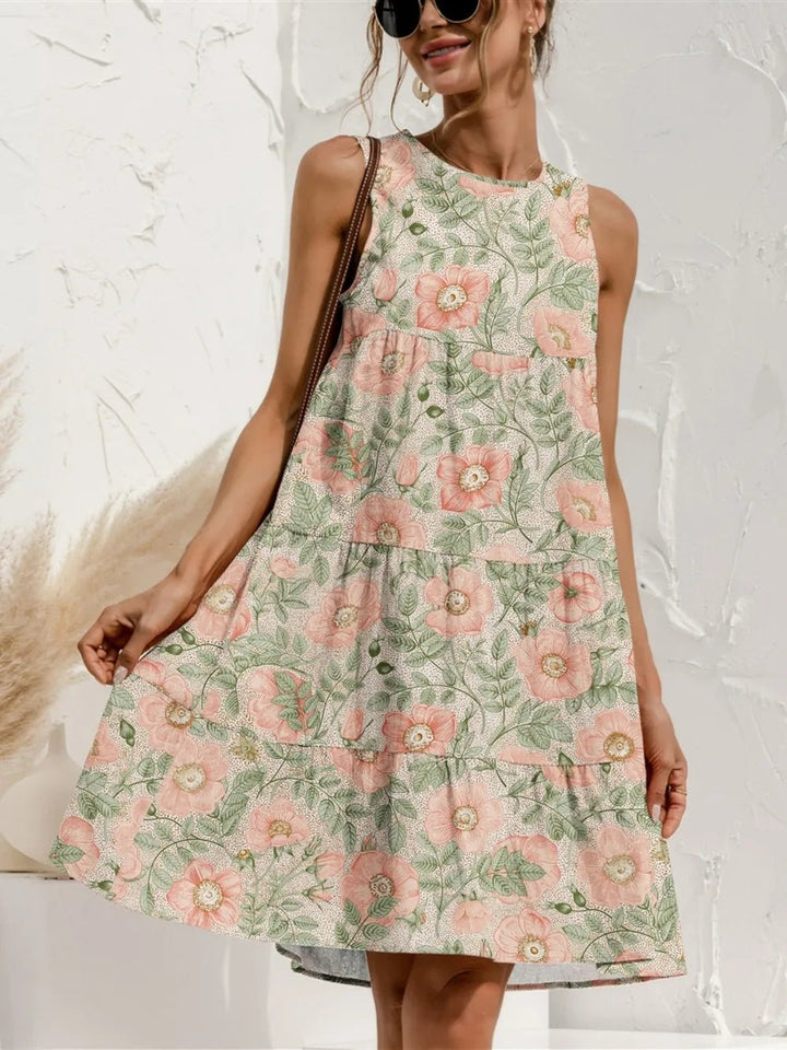 FAM - FAM Tiered Printed Round Neck Sleeveless Dress - VeauBeauty