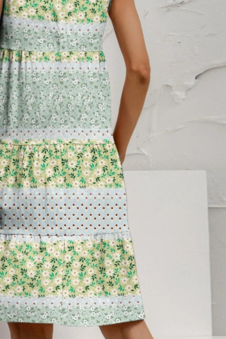 FAM - FAM Tiered Printed Round Neck Sleeveless Dress - VeauBeauty