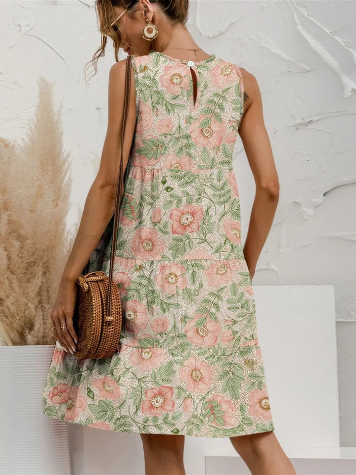FAM - FAM Tiered Printed Round Neck Sleeveless Dress - VeauBeauty