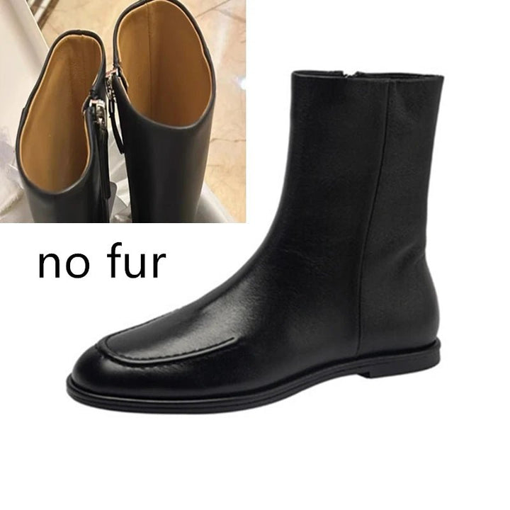 Flat Genuine Leather Ankle Boots – Warm Winter Knight Style Boots for Women - VeauBeauty