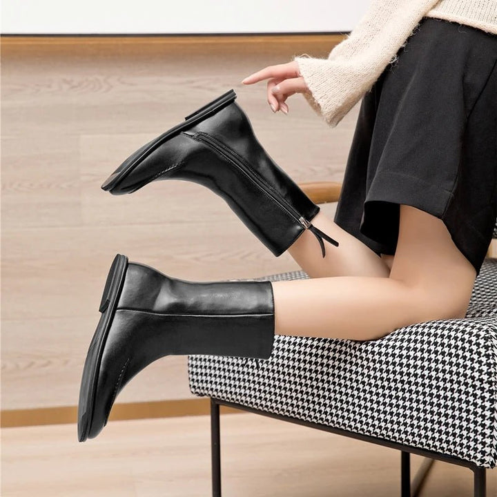 Flat Genuine Leather Ankle Boots – Warm Winter Knight Style Boots for Women - VeauBeauty