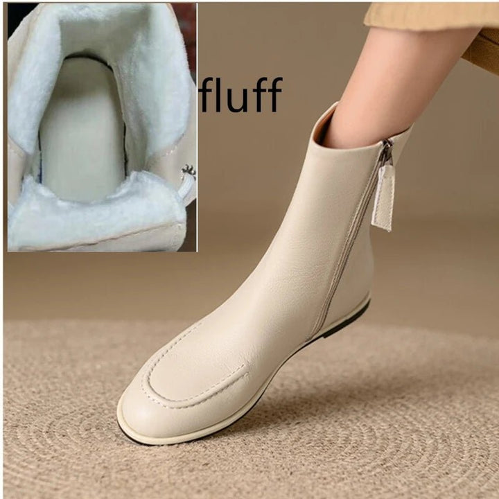 Flat Genuine Leather Ankle Boots – Warm Winter Knight Style Boots for Women - VeauBeauty
