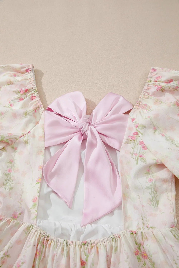 Floral Puff Sleeve Square Neck Knotted Open Back Ruffled Mini Dress - VeauBeauty