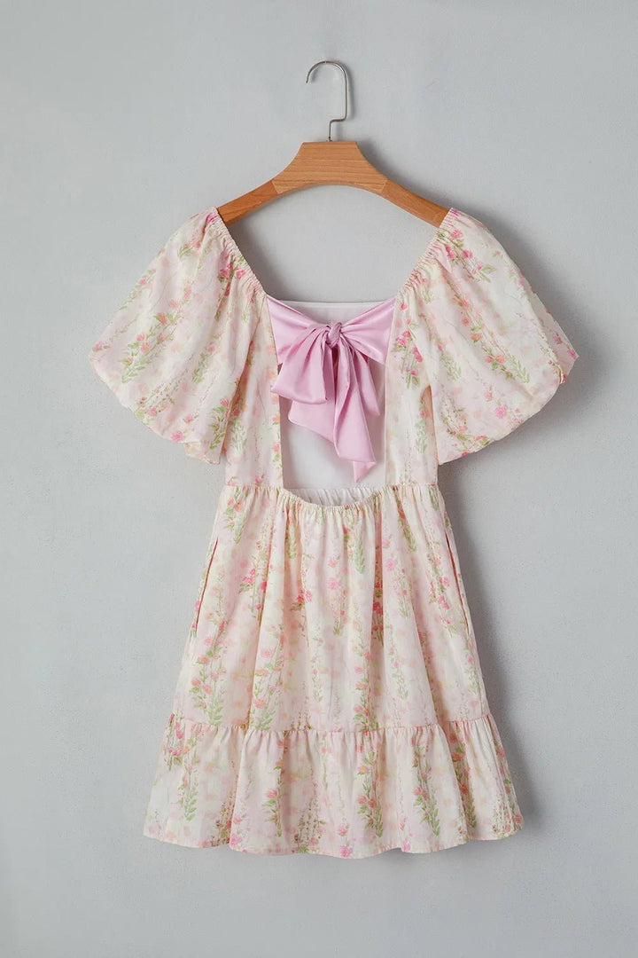 Floral Puff Sleeve Square Neck Knotted Open Back Ruffled Mini Dress - VeauBeauty