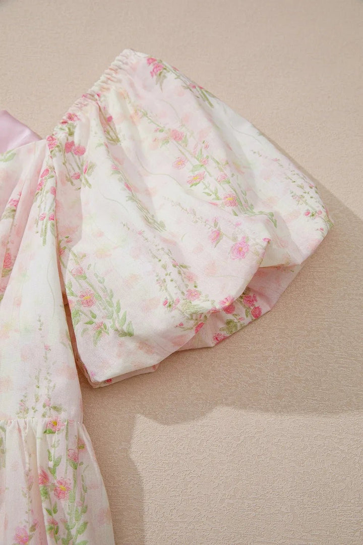 Floral Puff Sleeve Square Neck Knotted Open Back Ruffled Mini Dress - VeauBeauty