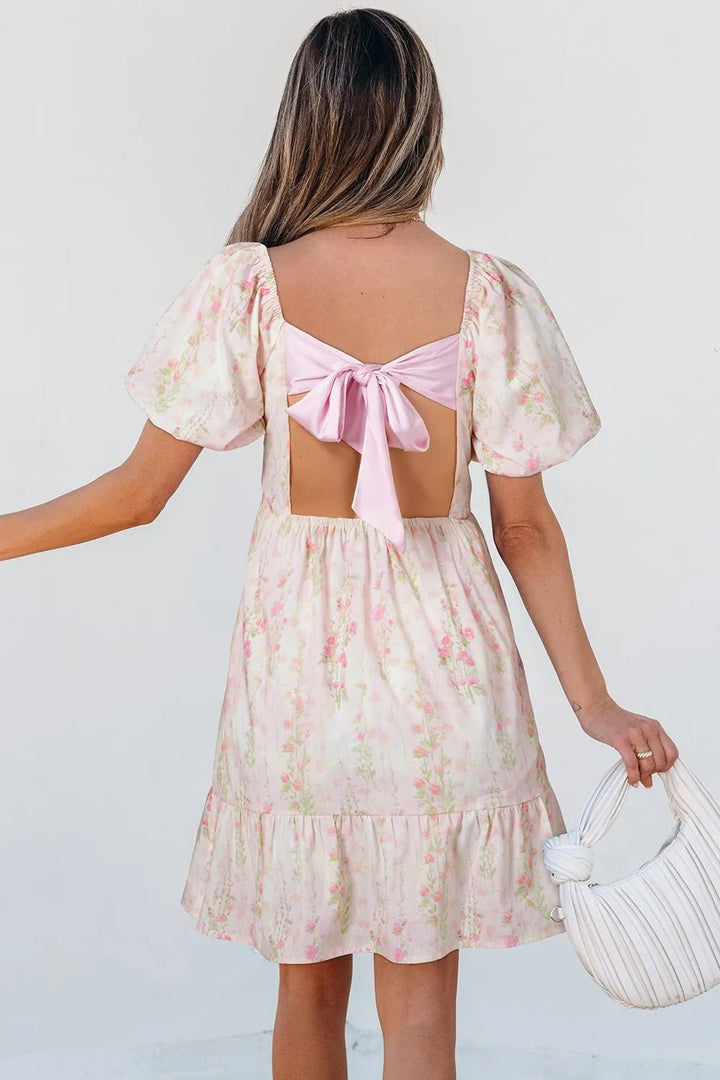 Floral Puff Sleeve Square Neck Knotted Open Back Ruffled Mini Dress - VeauBeauty