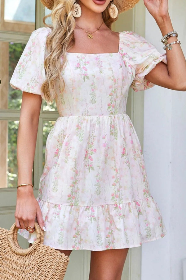 Floral Puff Sleeve Square Neck Knotted Open Back Ruffled Mini Dress - VeauBeauty