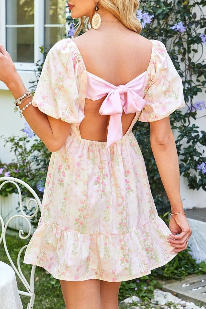 Floral Puff Sleeve Square Neck Knotted Open Back Ruffled Mini Dress - VeauBeauty