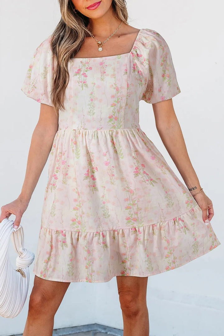 Floral Puff Sleeve Square Neck Knotted Open Back Ruffled Mini Dress - VeauBeauty
