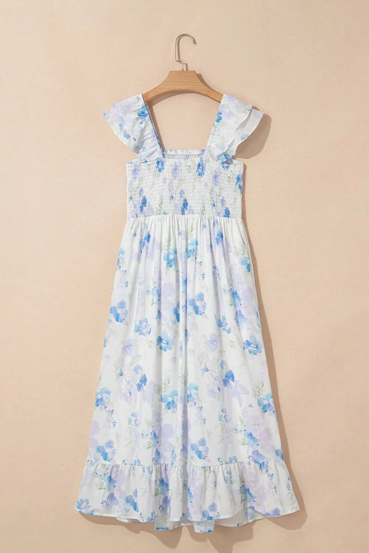 Floral Smocked High Waist Double Ruffle Sleeveless Long Dress - VeauBeauty