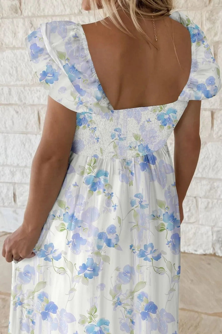 Floral Smocked High Waist Double Ruffle Sleeveless Long Dress - VeauBeauty