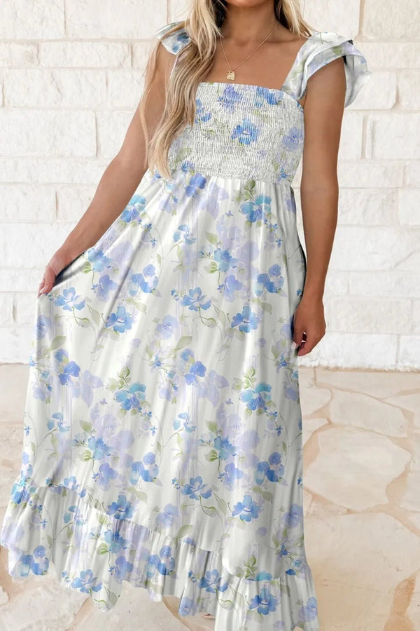 Floral Smocked High Waist Double Ruffle Sleeveless Long Dress - VeauBeauty