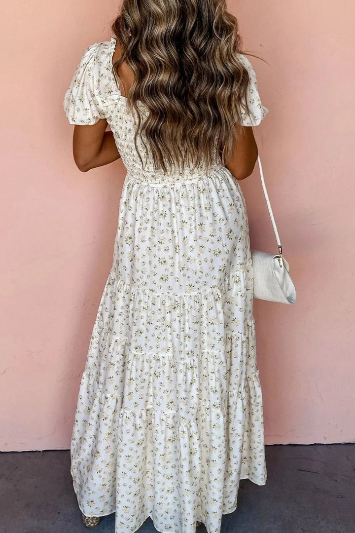Floral Smocked Short Puff Sleeve Maxi Dress - VeauBeauty