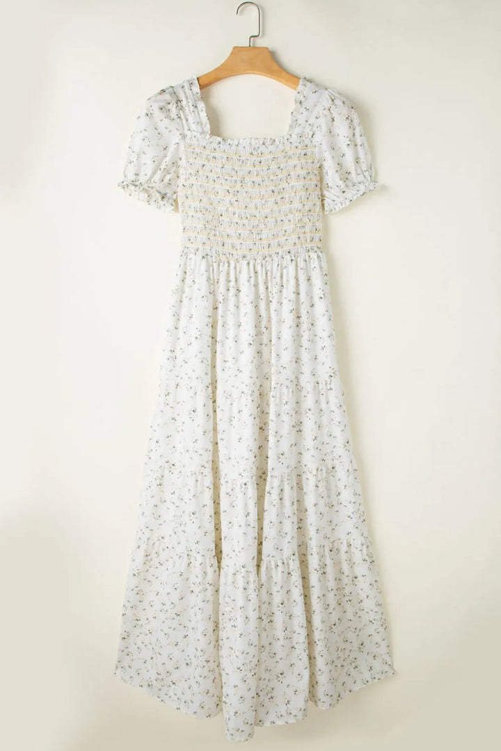 Floral Smocked Short Puff Sleeve Maxi Dress - VeauBeauty