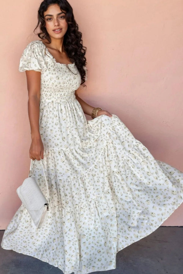 Floral Smocked Short Puff Sleeve Maxi Dress - VeauBeauty