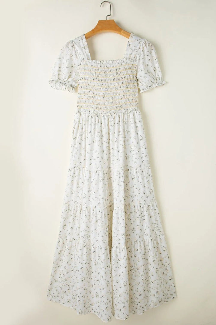 Floral Smocked Short Puff Sleeve Maxi Dress - VeauBeauty