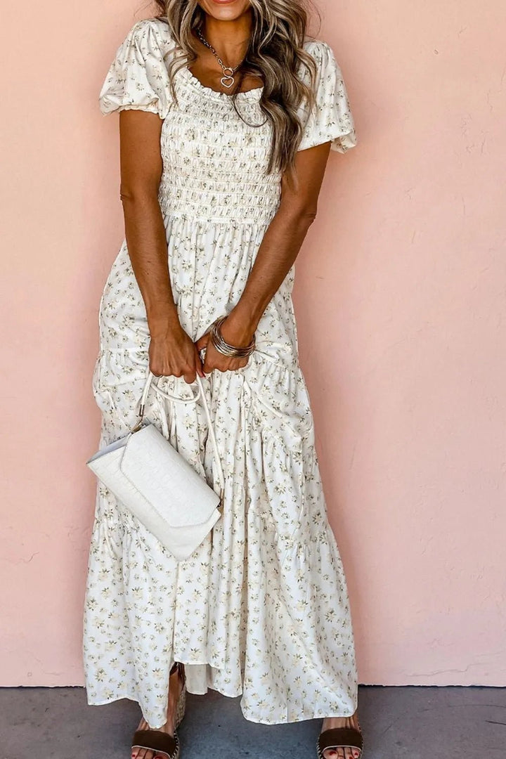 Floral Smocked Short Puff Sleeve Maxi Dress - VeauBeauty