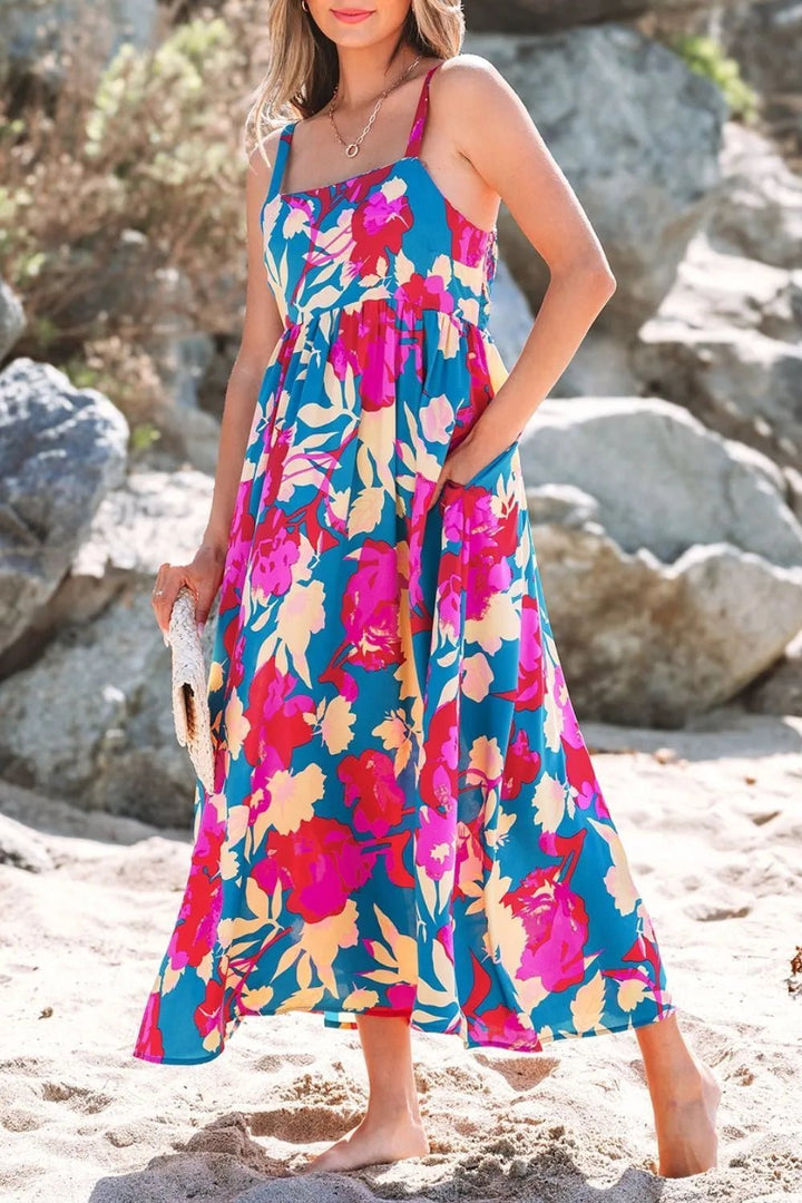 Floral Square Neck Cami Dress with Pockets - VeauBeauty