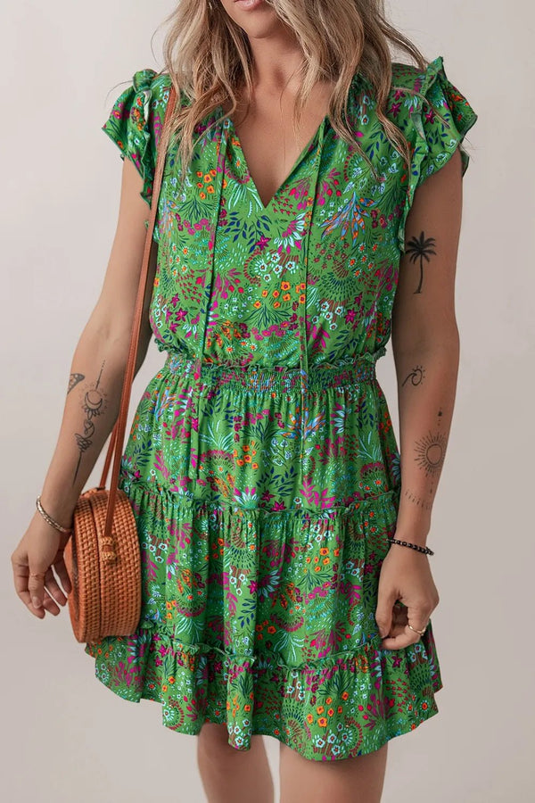 Floral Tie Split Neck Frilly Ruffle Trim Tiered Short Dress - VeauBeauty