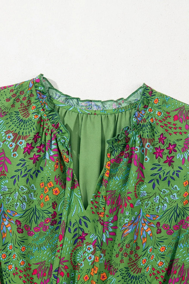 Floral Tie Split Neck Frilly Ruffle Trim Tiered Short Dress - VeauBeauty