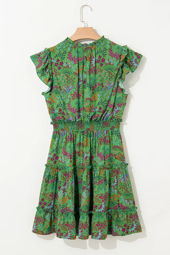 Floral Tie Split Neck Frilly Ruffle Trim Tiered Short Dress - VeauBeauty