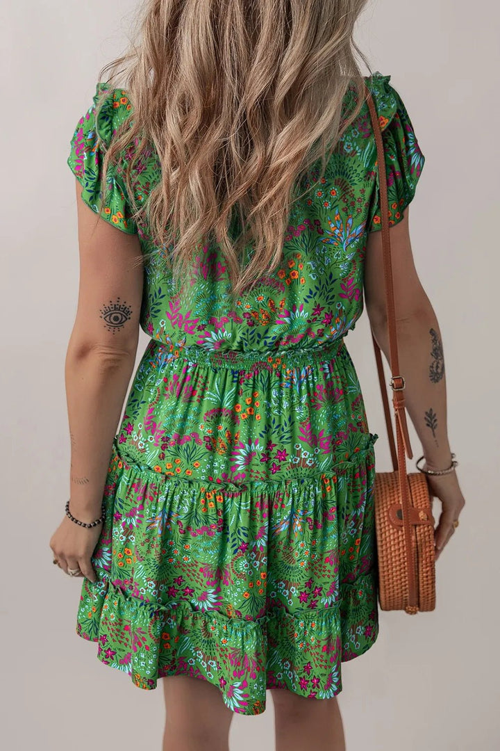 Floral Tie Split Neck Frilly Ruffle Trim Tiered Short Dress - VeauBeauty