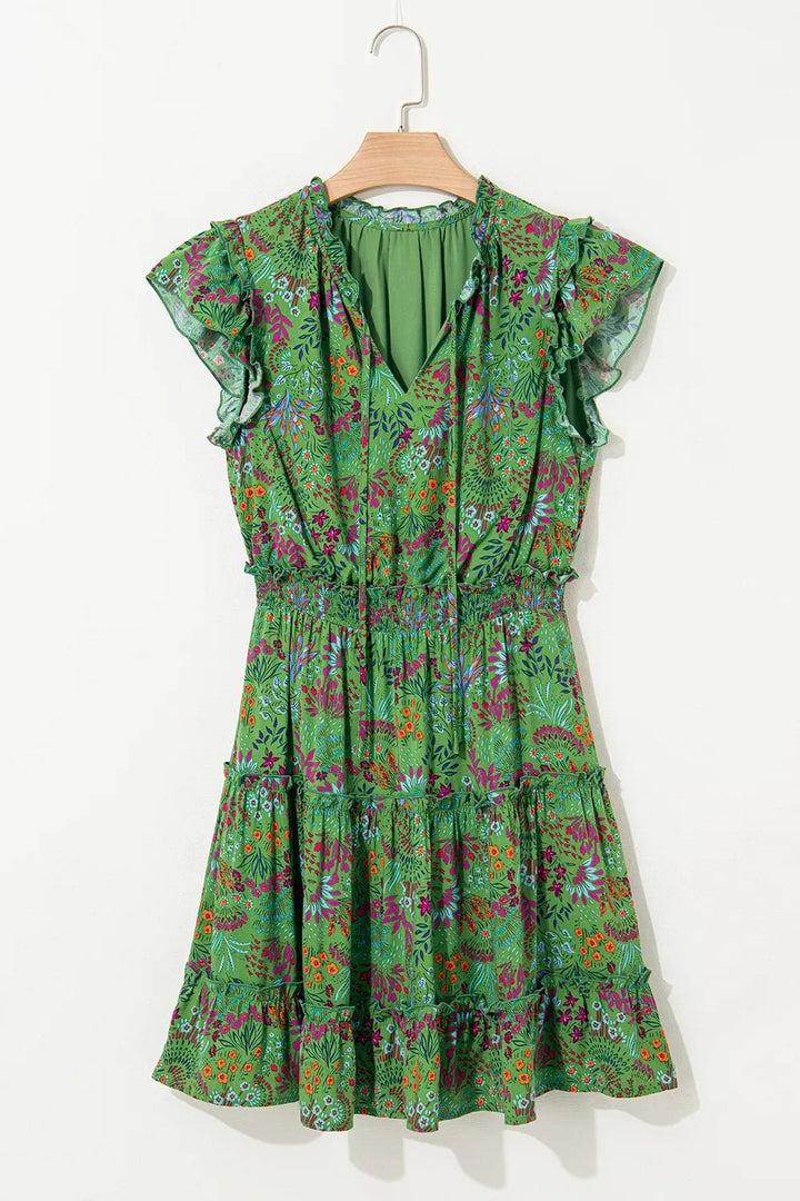 Floral Tie Split Neck Frilly Ruffle Trim Tiered Short Dress - VeauBeauty