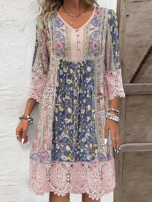 Full Size Lace Detail Printed Three - Quarter Sleeve Dress - VeauBeauty