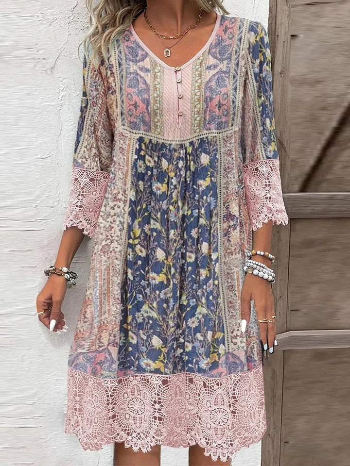 Full Size Lace Detail Printed Three - Quarter Sleeve Dress - VeauBeauty