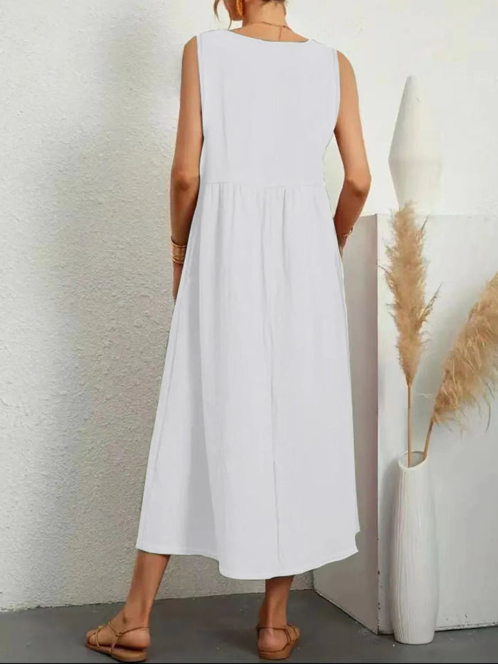 Full Size Pocketed V - Neck Sleeveless Midi Dress Plus Size - VeauBeauty