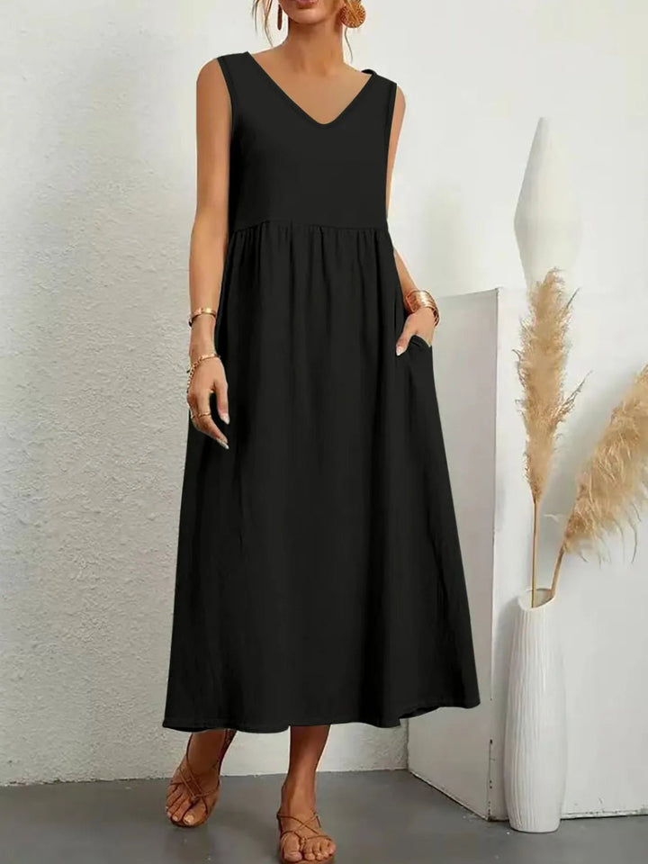Full Size Pocketed V - Neck Sleeveless Midi Dress Plus Size - VeauBeauty