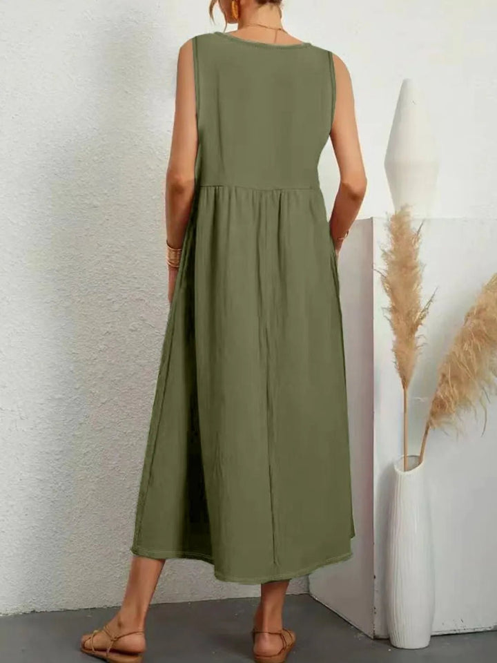 Full Size Pocketed V - Neck Sleeveless Midi Dress Plus Size - VeauBeauty