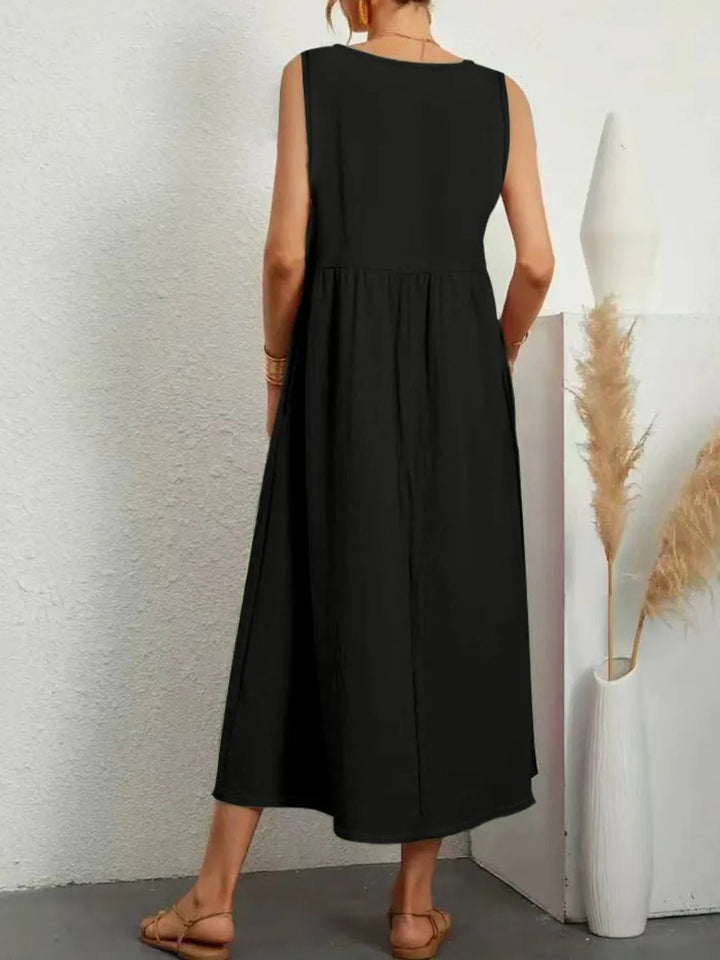 Full Size Pocketed V - Neck Sleeveless Midi Dress Plus Size - VeauBeauty