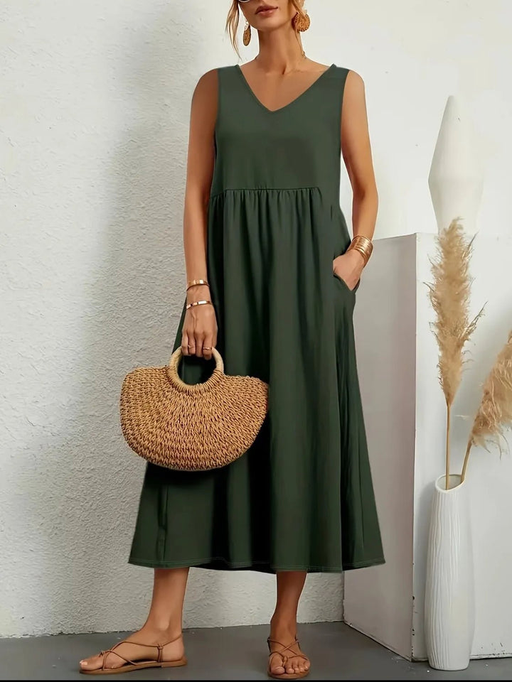 Full Size Pocketed V - Neck Sleeveless Midi Dress Plus Size - VeauBeauty
