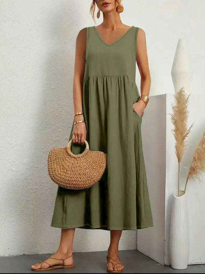 Full Size Pocketed V - Neck Sleeveless Midi Dress Plus Size - VeauBeauty