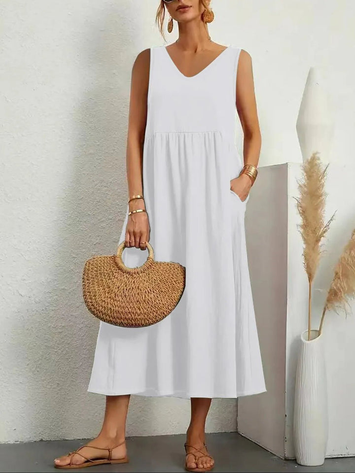 Full Size Pocketed V - Neck Sleeveless Midi Dress Plus Size - VeauBeauty