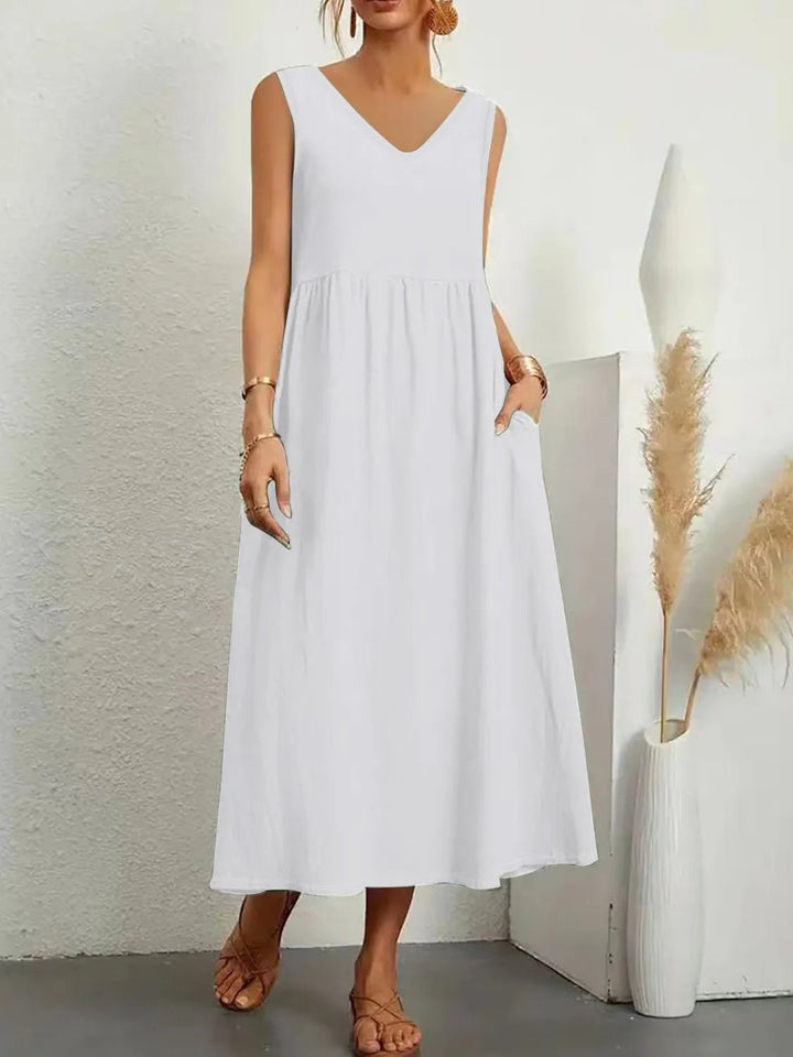 Full Size Pocketed V - Neck Sleeveless Midi Dress Plus Size - VeauBeauty