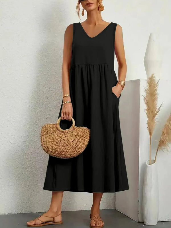 Full Size Pocketed V - Neck Sleeveless Midi Dress Plus Size - VeauBeauty