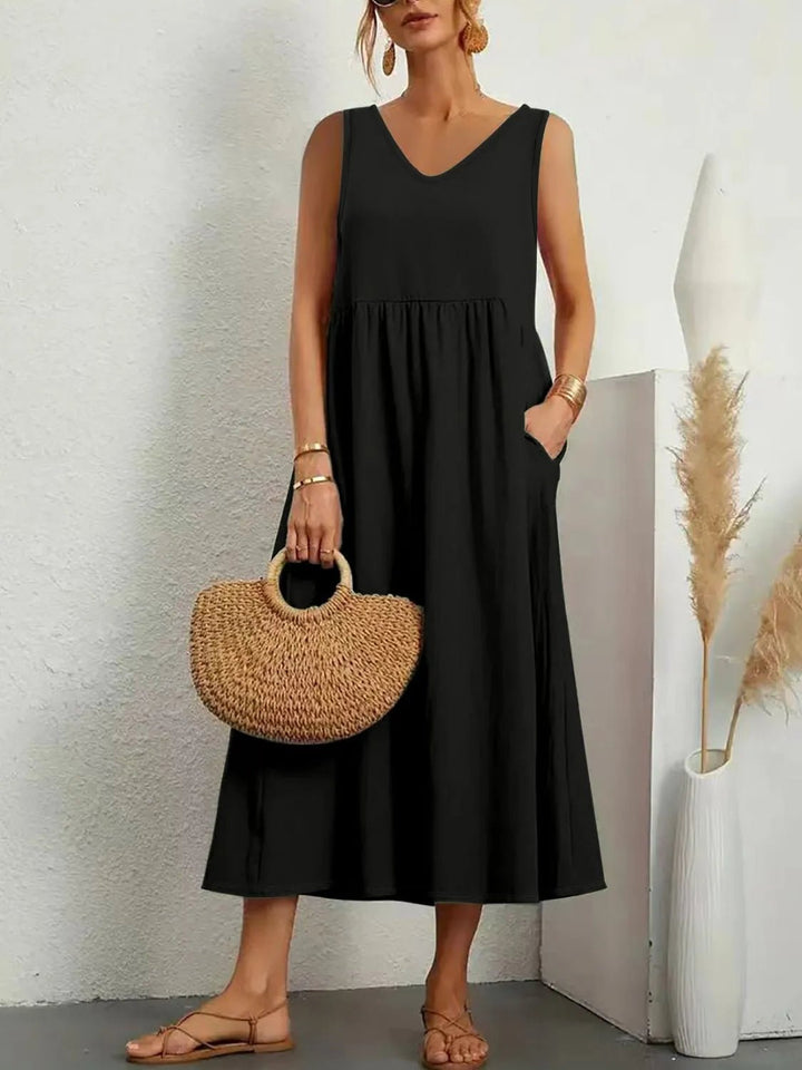 Full Size Pocketed V - Neck Sleeveless Midi Dress Plus Size - VeauBeauty
