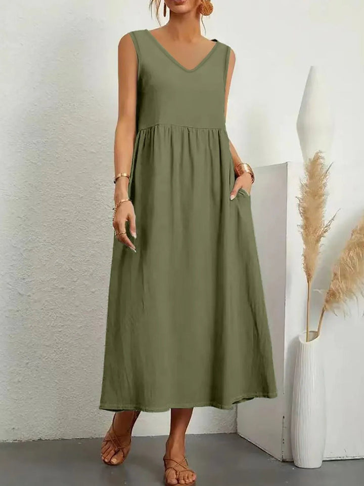 Full Size Pocketed V - Neck Sleeveless Midi Dress Plus Size - VeauBeauty
