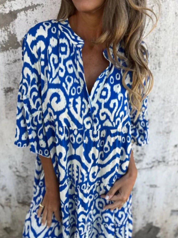 Full Size Printed Notched Half Sleeve Dress Plus Size - VeauBeauty