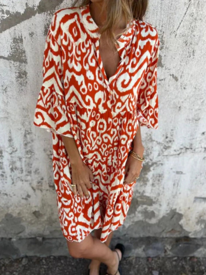 Full Size Printed Notched Half Sleeve Dress Plus Size - VeauBeauty