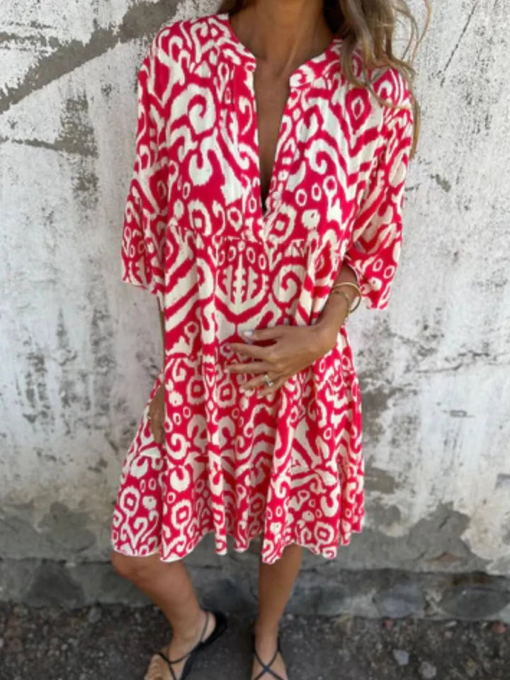 Full Size Printed Notched Half Sleeve Dress Plus Size - VeauBeauty