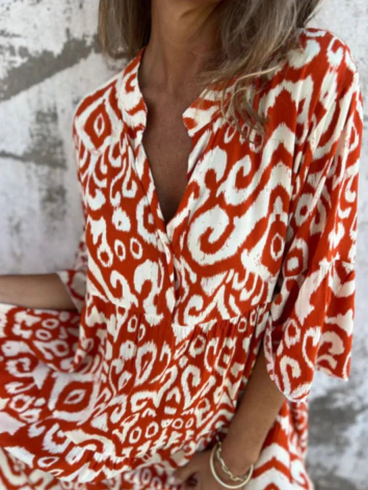 Full Size Printed Notched Half Sleeve Dress Plus Size - VeauBeauty