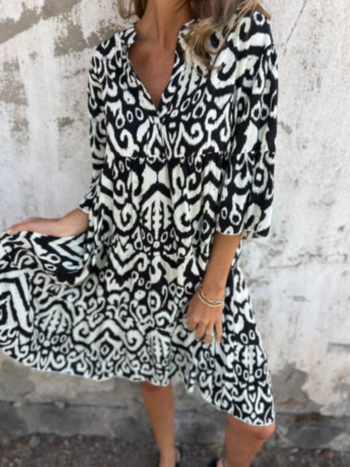 Full Size Printed Notched Half Sleeve Dress Plus Size - VeauBeauty