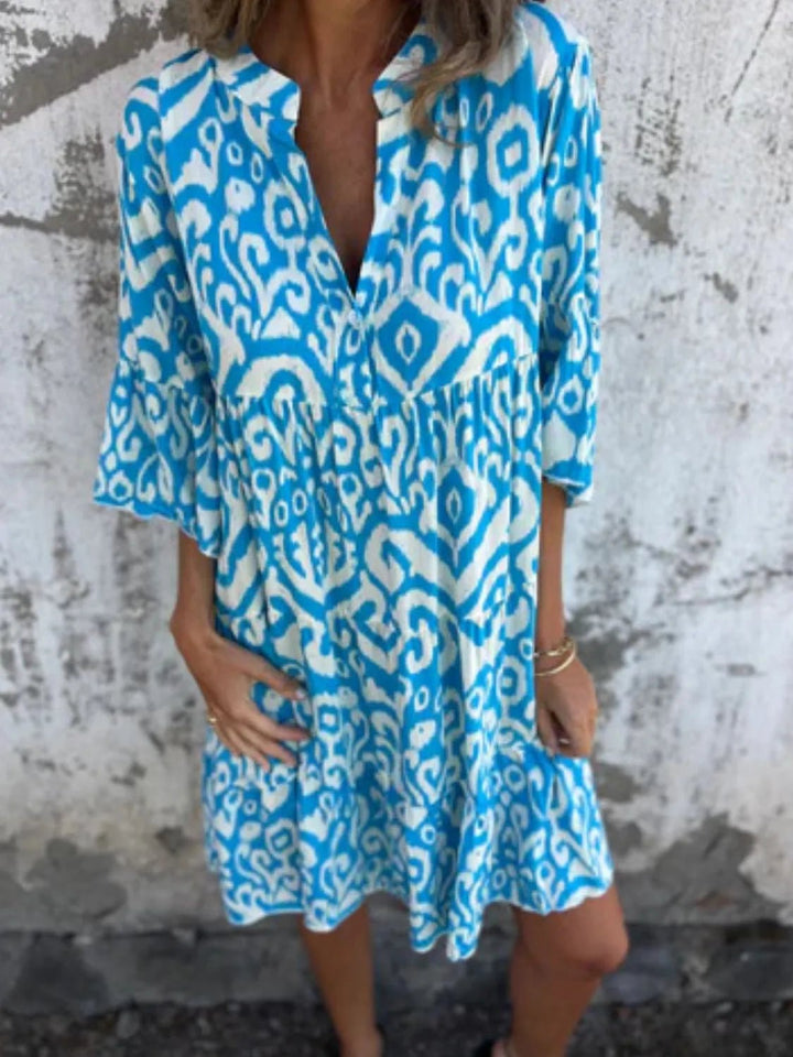 Full Size Printed Notched Half Sleeve Dress Plus Size - VeauBeauty