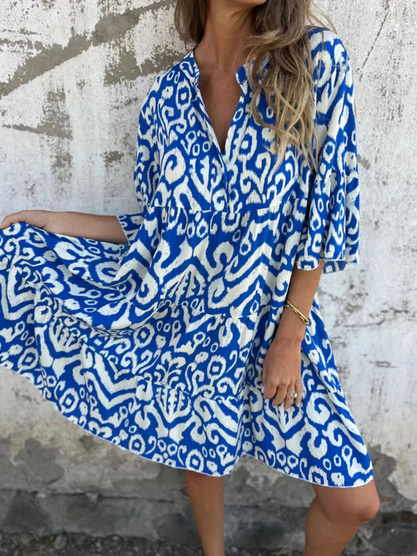 Full Size Printed Notched Half Sleeve Dress Plus Size - VeauBeauty