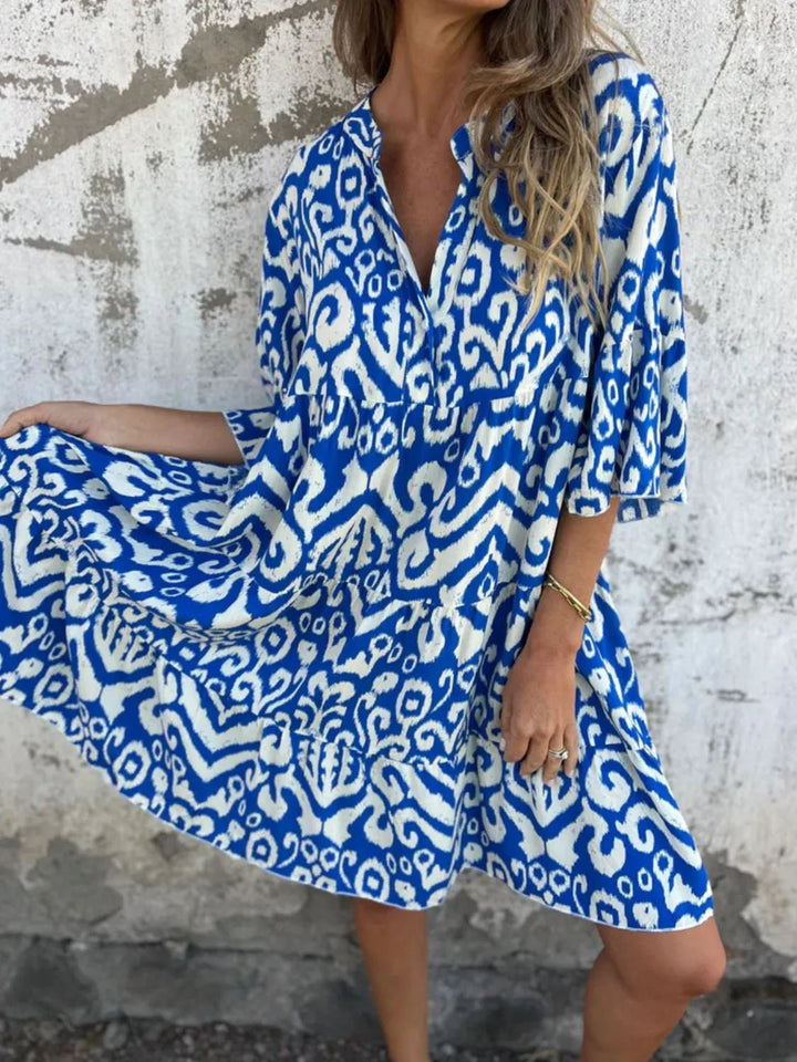 Full Size Printed Notched Half Sleeve Dress Plus Size - VeauBeauty