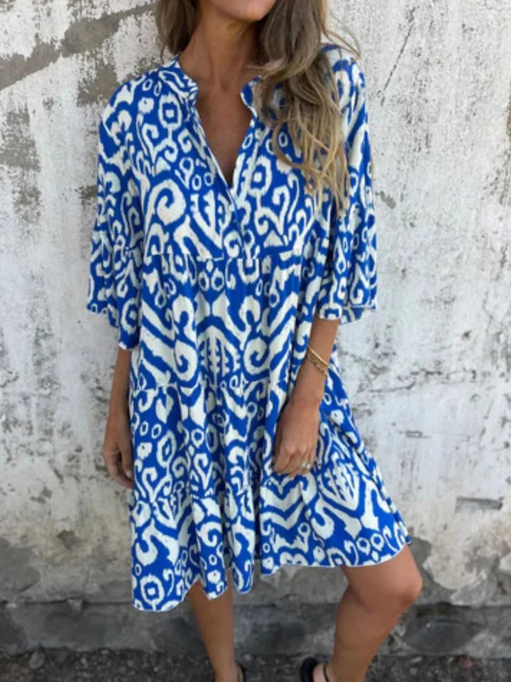 Full Size Printed Notched Half Sleeve Dress Plus Size - VeauBeauty